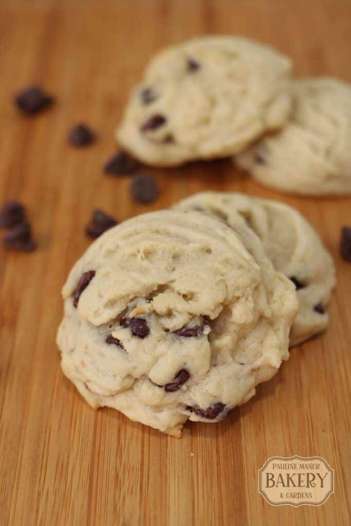 sourdough discard chocolate chip cookies on a wooden cutting board