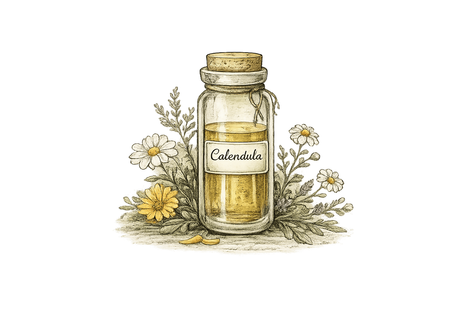 Illustrated calendula oil bottle surrounded by herbs and flowers